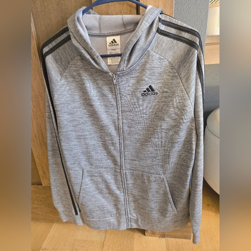 Adidas zip up Hood Pockets soft Fleece Liner XL 18 20 Stripes